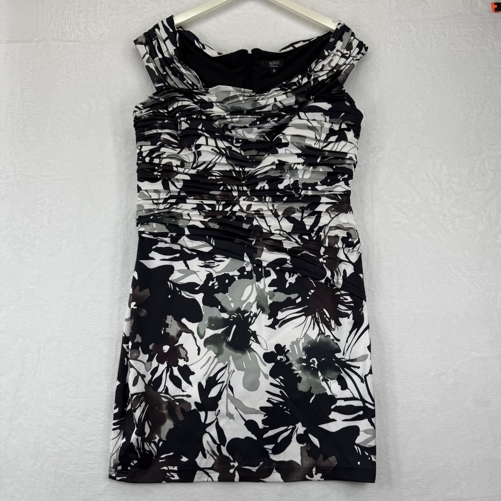 TADASHI Collection Womens‎ Sheath Dress Black White Floral Ruched Size 16 READ
